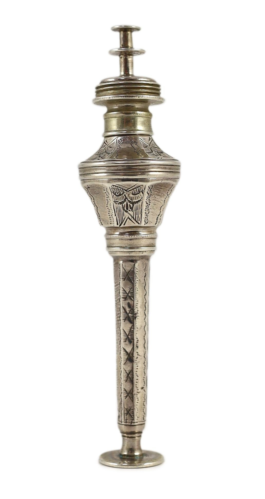 An unusual 19th century silver seal?, of mace form, in three sections, with engraved decoration